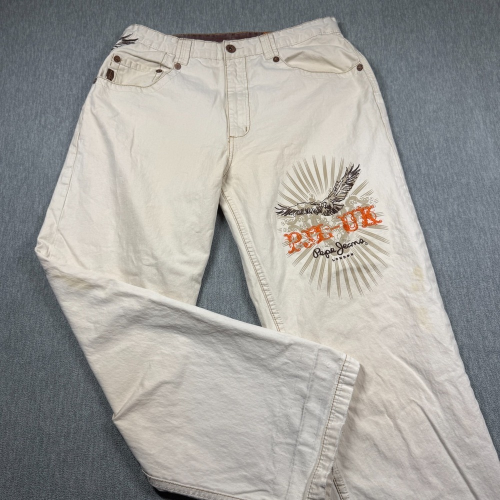 Pepe Jeans London Mens Pants 38x34 Cream Eagle Graphic Embroidered Y2K VTG‎